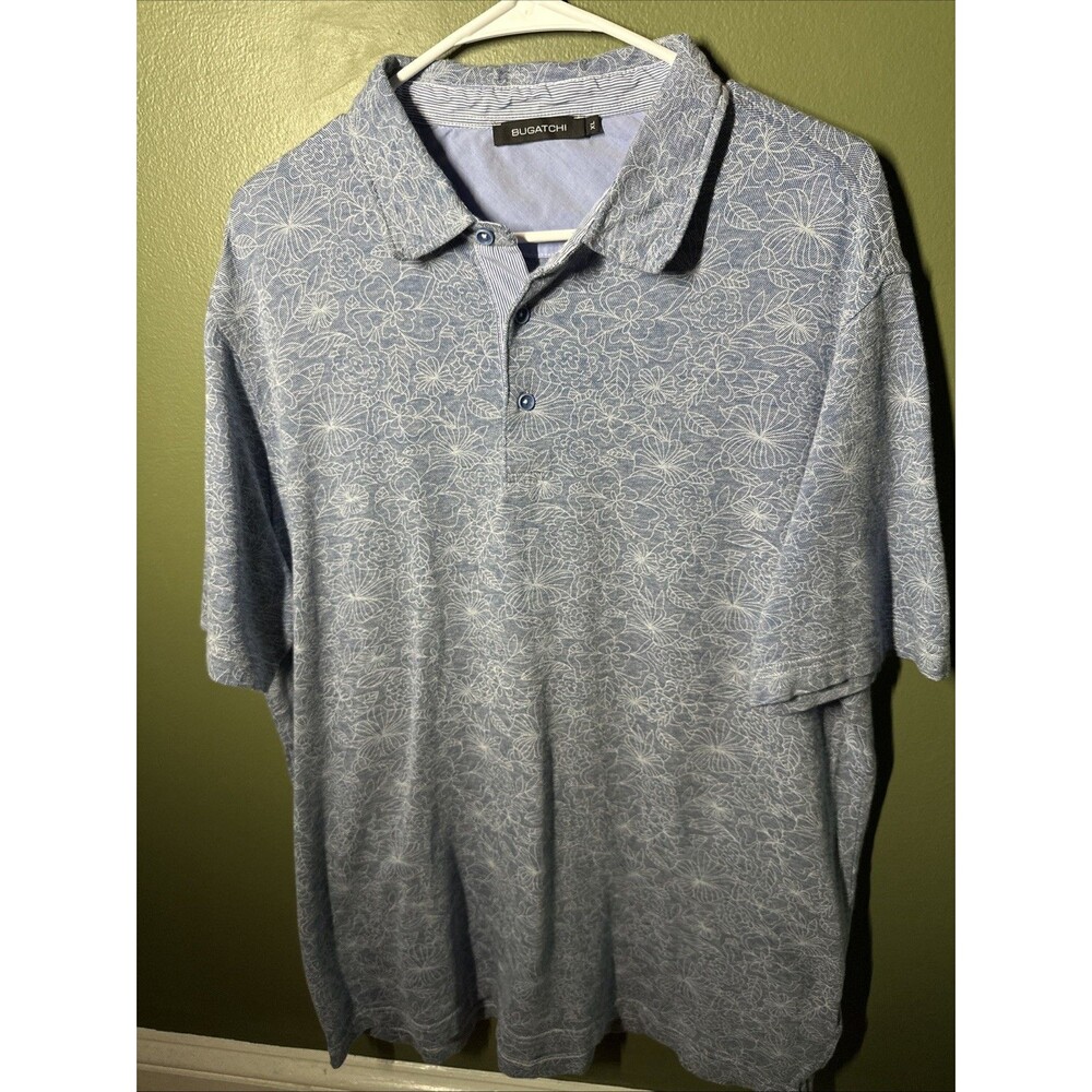 Bugatchi Polo Shirt Mens XL Gray Floral Short Sleeve Cotton Linen